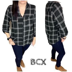 BCX plaid roll tab button up collared blouse